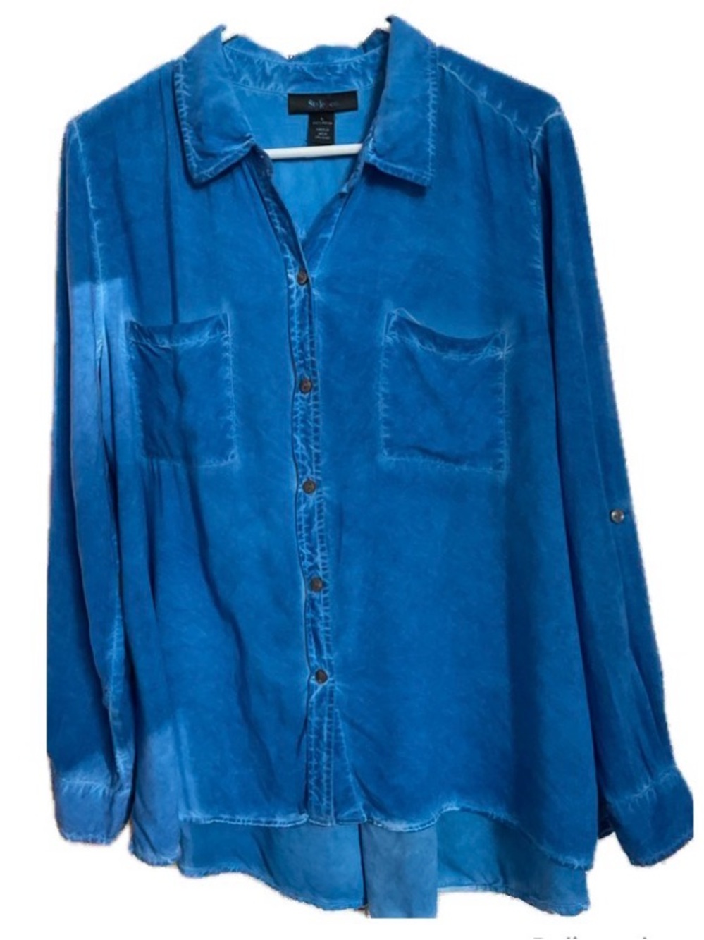 Style & Co. Washed Blue Button-Up Shirt with Chest Pockets & Box Pleat.